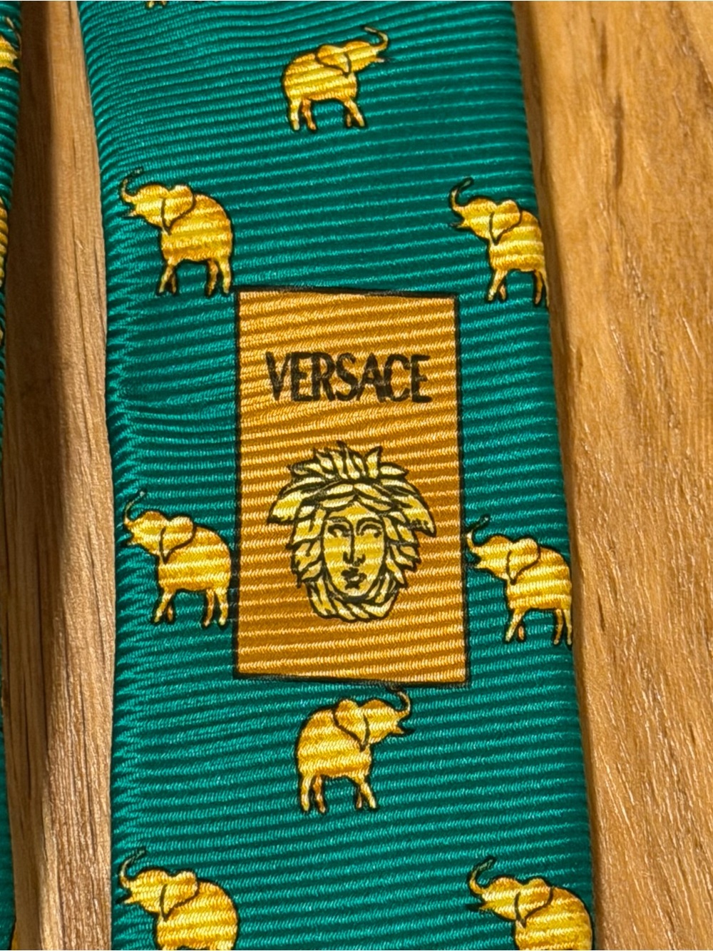 GIanni Versace 100% Silk green with gold elephants neck tie